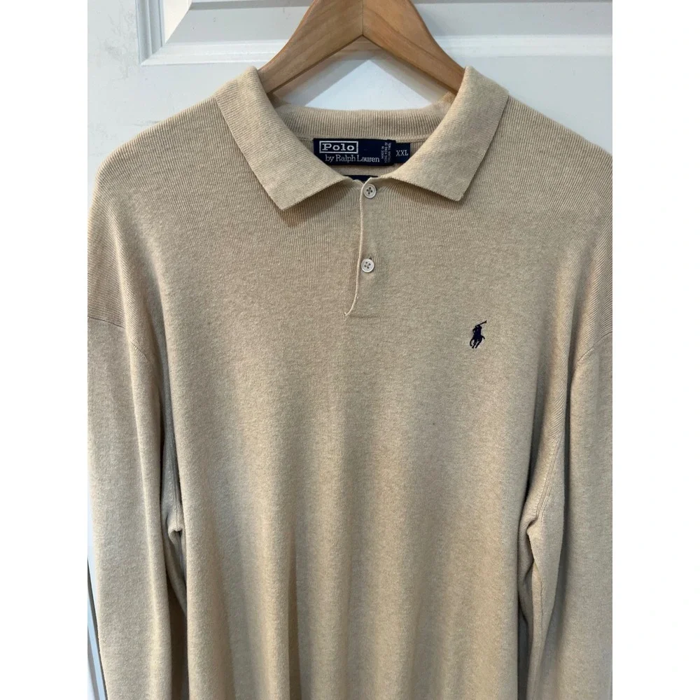 VTG‎ Polo Ralph Lauren Mens XXL Beige 100% Pima Cotton Long Sleeve Polo Sweater